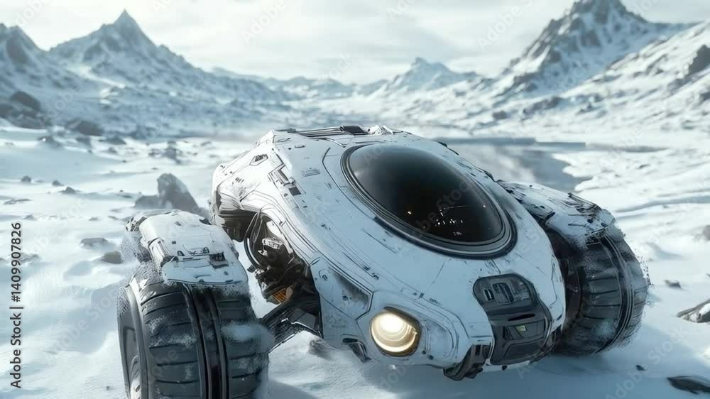 Aufkleber a humanoid explorer vehicle traverses a snowy landscape on an alien planet. surrounded by towering m