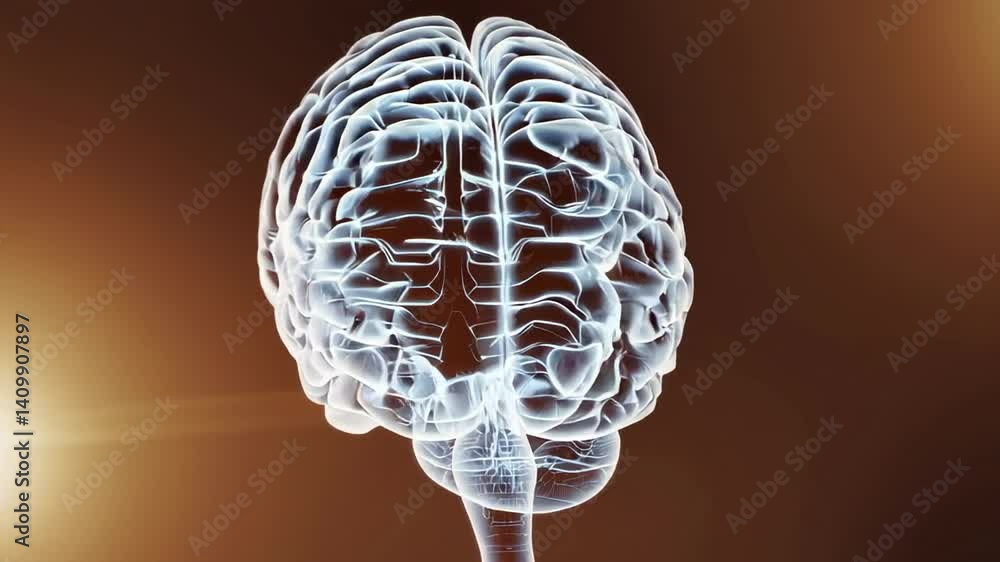 Poster Glowing transparent human brain rotating slowly against dark orange background, highlighting complex neural network and biological structure