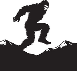 Fototapeta premium Bigfoot Yeti black and white jumping on a hill silhouette vector design