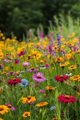Obraz premium Colorful Wildflower Meadow with Various Blooming Flowers in Spring