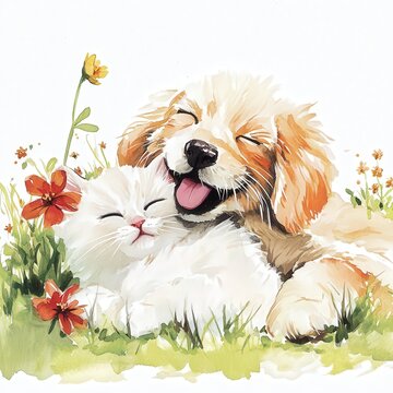 Adorable Dog and Cat Friendship in Nature