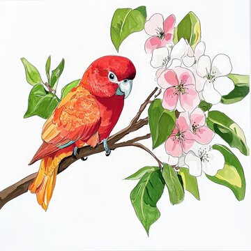 Stunning Parrot with Blooming Spring Flowers