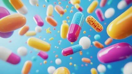Vibrant Colorful Pills and Capsules in Dynamic Floating Composition
