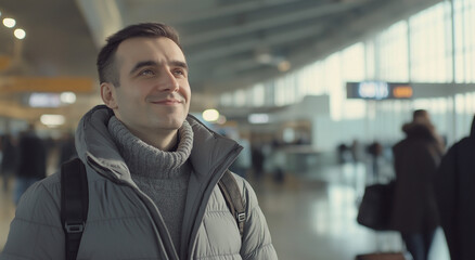 Obraz premium Um homem vestindo uma jaqueta cinza está em um aeroporto, contra a luz da manhã.