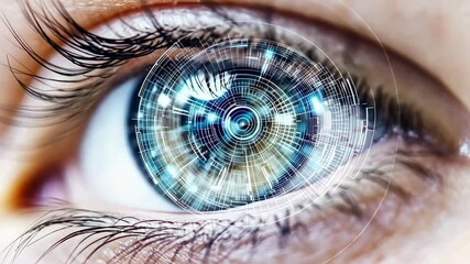 Close up view capturing futuristic digital woman's eye, rotating scanning visualization merging biological details with advanced technological interface and intricate biometric recognition elements - Powered by Adobe
