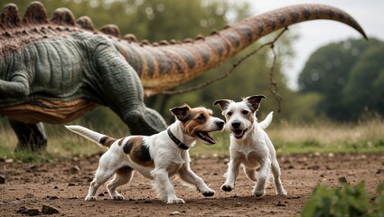 Two playful Jack Russell Terriers running in a field with a dinosaur figure in the background, creating a whimsical scene.