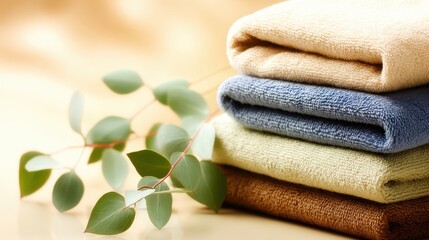 Soft, stacked towels in soothing color accompanied by fresh eucalyptus, creating a calming atmosphere