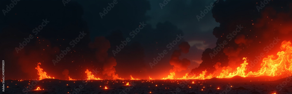 Poster dark fiery background for apocalyptic designs with a wide banner space for text overlay over flames 