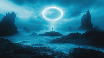 Solitary Figure in a Glowing Ring Mystical Landscape