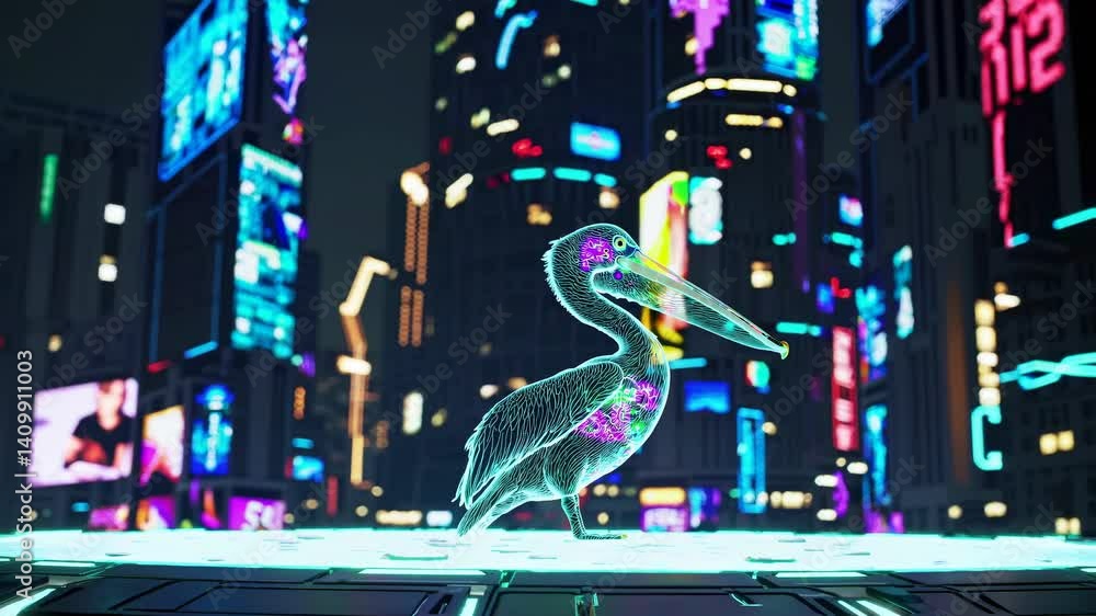 Poster holographic projection of a pelican is standing on a platform in a futuristic neon-lit cityscape at 