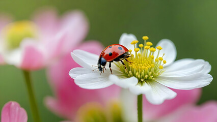 Ladybug Crawling on White Flower with Yellow Stamens in Garden