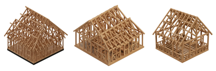Wooden House Frame Structures Under Construction on Transparent Background

