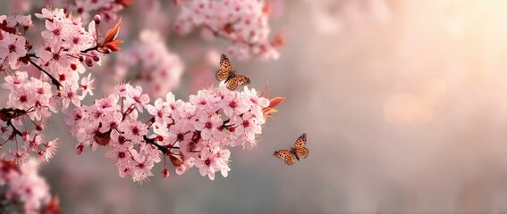 Pink Cherry Blossoms Branch with Two Butterflies in Spring
