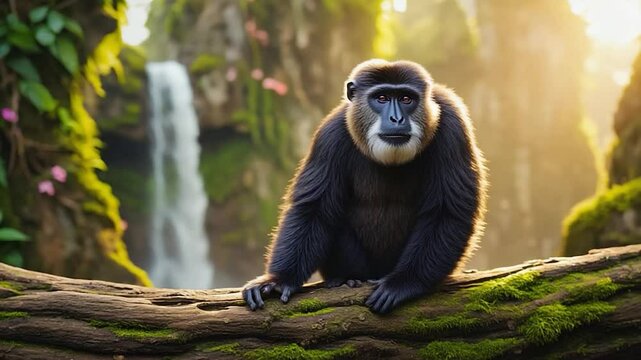 Monkey in Tropical Waterfall Forest; wildlife photo, nature background; suitable for prints, calendars, desktop wallpaper