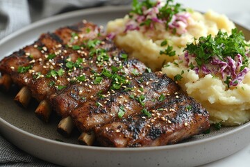 Grilled ribs with mashed potatoes and coleslaw on a plate