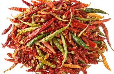 Fototapeta premium Close Up of Vibrant Dried Red and Green Chili Peppers with Scattered Powder on White Backdrop