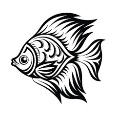 Ornamental Fish Detailed Black and White Line Art with Intricate Patterns