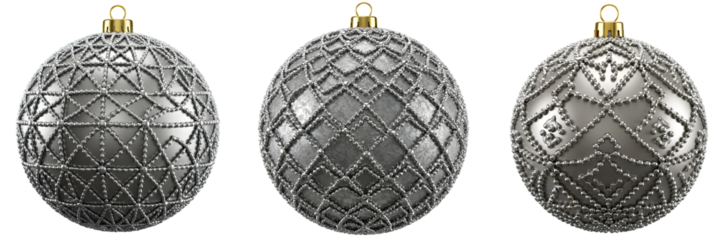 Silver Embossed Christmas Ornaments with Geometric Patterns on Transparent Background

