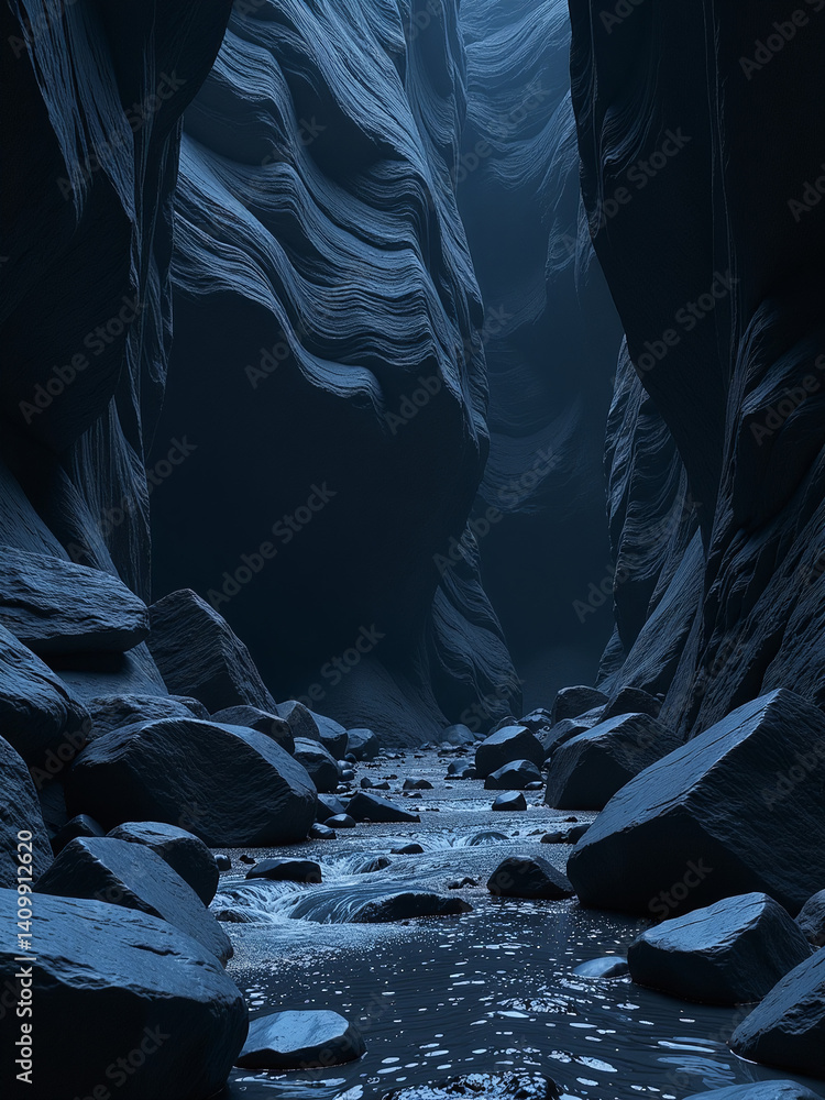 Poster Dark Volumetric Stone Background With Copy Space For Design Features A Panoramic View Of A Black And Blue Textured Rock Formation.