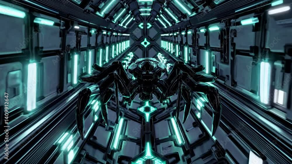 Poster spider-like robot is traversing a futuristic spaceship corridor, illuminated by glowing turquoise li