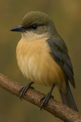 Realistic Small Olive Bird on Branch in Natural Light