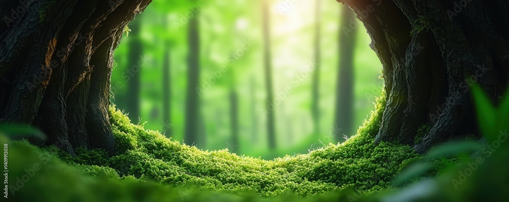 Poster a tranquil forest scene viewed through a tree trunk, showcasing vibrant greenery and soft sunlight f