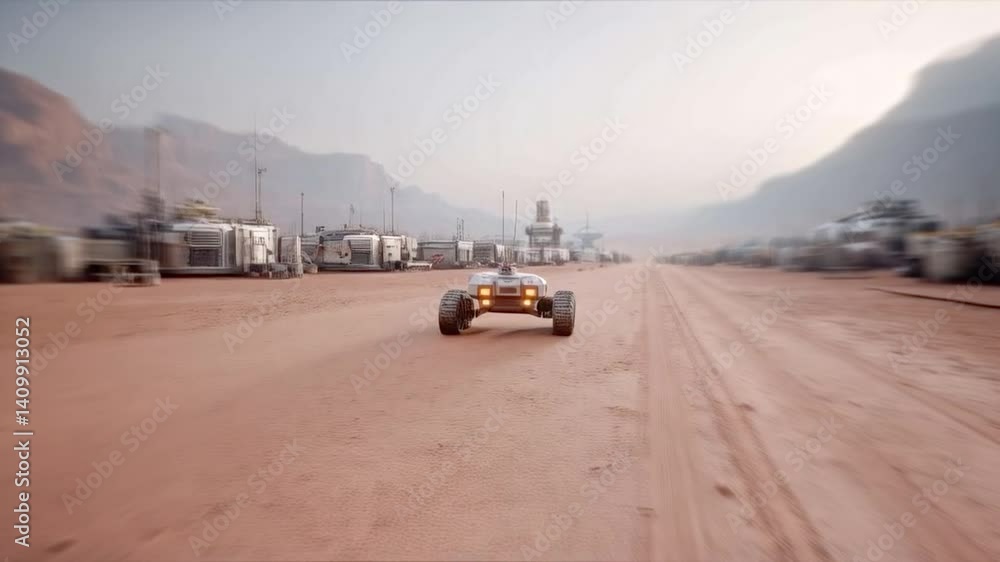 Aufkleber a humanoid explorer rover moves across the dusty surface of a distant planet, surrounded by futurist