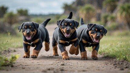 Obraz premium Three playful puppies joyfully running along a dirt path in a natural outdoor setting.