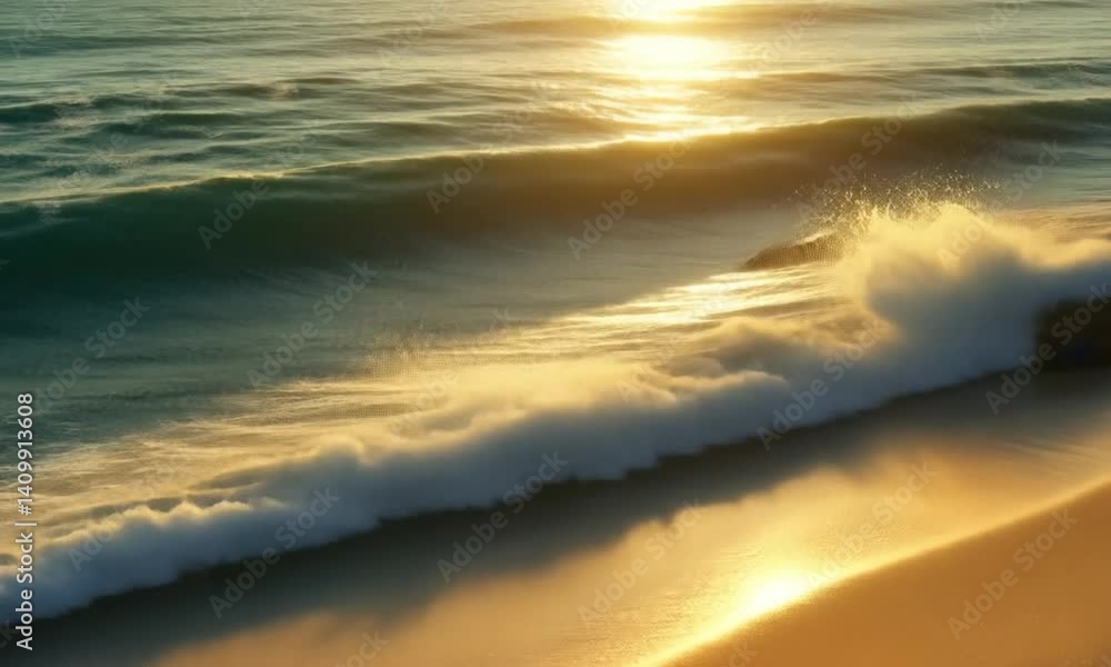 Poster aerial video of sunlit beach with waves shaping dynamic water patterns on the shore made with genera