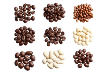 Coffee powder mix bean fly explosion, Coffee crushed mix seed float explode, abstract cloud fly. Coffee dust powder bean splash throwing in Air. White background Isolated high speed shutter, freeze