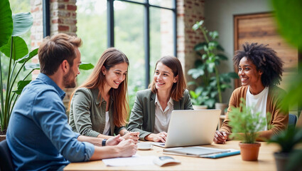 Obraz premium Inclusive team collaboration in a modern, eco-friendly office. AI-generated image showcasing diversity, sustainability, and innovation in the workplace.
