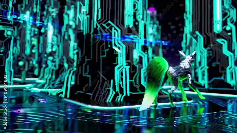 Poster cybernetic fox with a glowing green tail navigating a futuristic city at night, surrounded by vibran