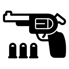 Colt gun and ammo solid icon, west desert concept. Vector graphics. Revolver pistol with bullets sign on white background, glyph style mobile or design.