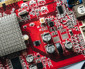 picture of a graphics card integrated circuit, Integrated circuits microprocessors on a blue graphics card. picture of a chip, Układy scalone i mikroprocesory na niebieskiej karcie graficznej.
