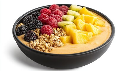 Vibrant Smoothie Bowl: A colorful array of fresh fruit and crunchy granola is artfully arranged in a deep black bowl, presenting a visually appealing and healthy meal.