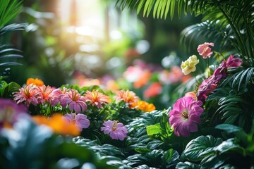 Vibrant flowers bloom in a tropical garden