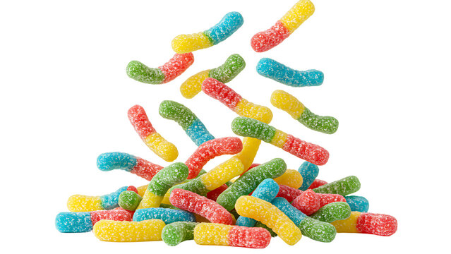 Falling sour gummy worms isolated on white background, full depth of field