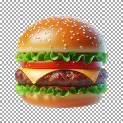3D rendering of a hamburger, Perfectly Stacked Cheeseburger with Fresh Veggies and Melted Cheese on transparent background, png, psd
