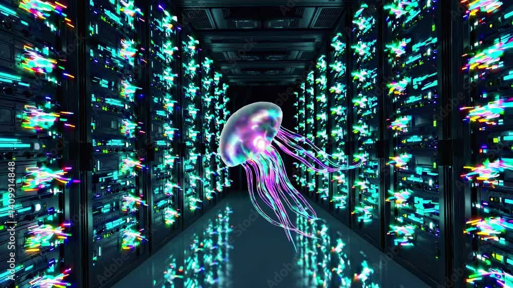 Poster glowing bioluminescent jellyfish is swimming through a dark server room with data streams flowing be
