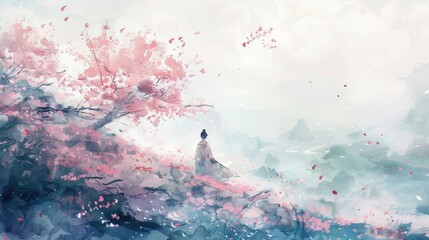 A hill with dancing cherry petals,soft, Healing, Soft description, pale watercolor, a young man in a white cloak standing in the distance,