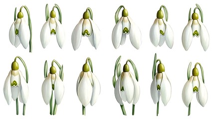 Twelve Delicate Snowdrop Flowers Illustrated in Detail