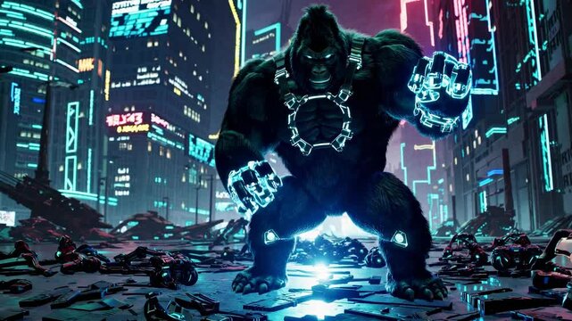 Powerful cybernetic gorilla roaring amidst neon-lit futuristic city ruins, showcasing themes of destruction, technology, and animalistic rage in a vibrant cyberpunk setting