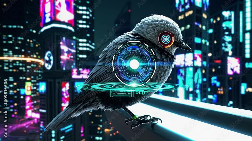 Poster futuristic bionic bird with a glowing hud interface perched on a railing in a vibrant cyberpunk city