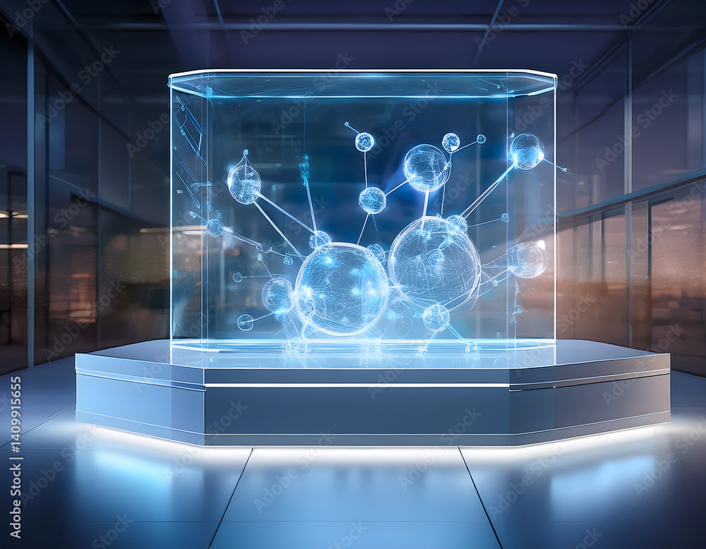 Poster A modern, illuminated display showcases molecular structures in a sleek, futuristic setting, emphasizing science and technology