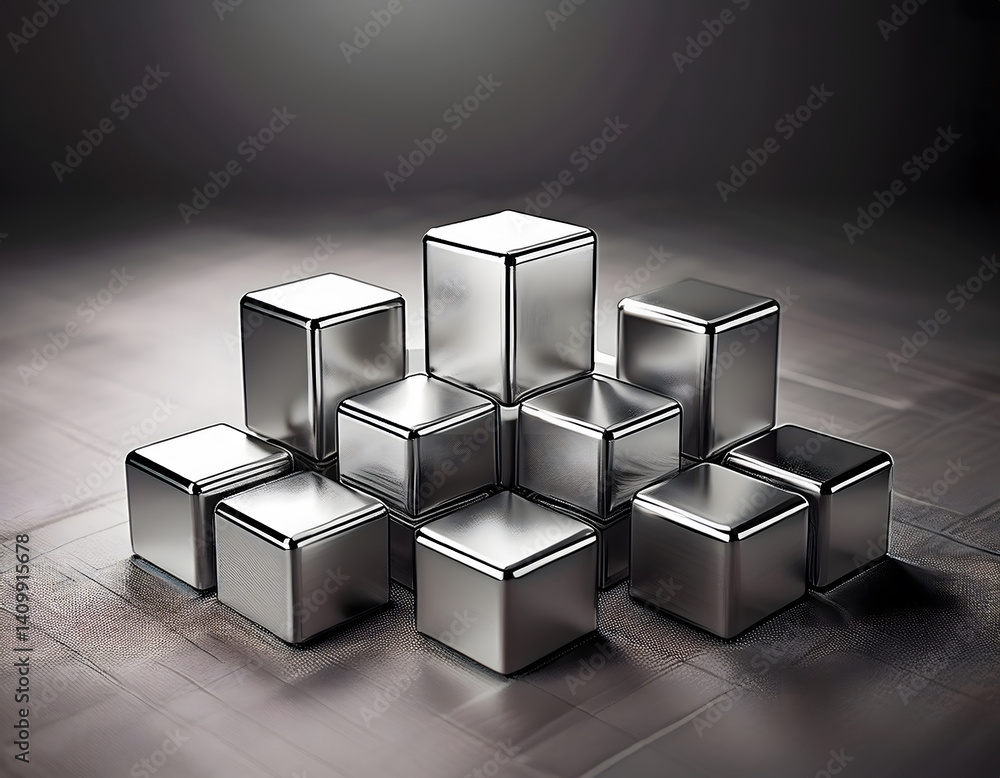 Poster shiny metallic cubes arranged in a dynamic, geometric formation on a textured surface, creating a mo