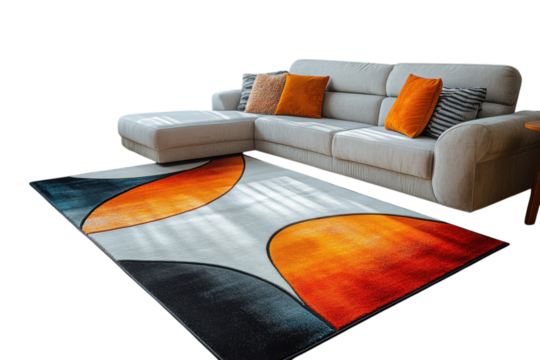 Modern abstract rug transforms living room adding vibrant orange and grey on transparent background