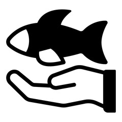 Fish on hand palm solid icon, fishery product concept. Vector graphics. Fresh fish with hand sign on white background, glyph style mobile or design.