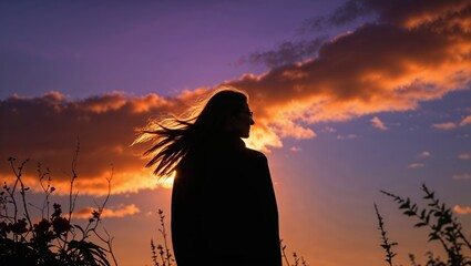 Silhouette of a woman with flowing hair against a vibrant sunset sky filled with clouds.