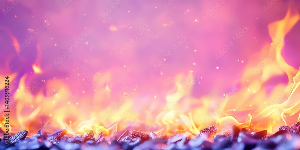 Poster a vibrant display of flames dancing above glowing embers, creating a mesmerizing and colorful visual