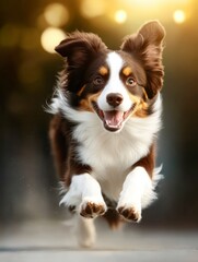 Energetic Canine Joy: Capturing the sheer, unbridled exhilaration of a dog's leap into action, bathed in the soft, warm glow of sunlight. The playful nature is on full display.
